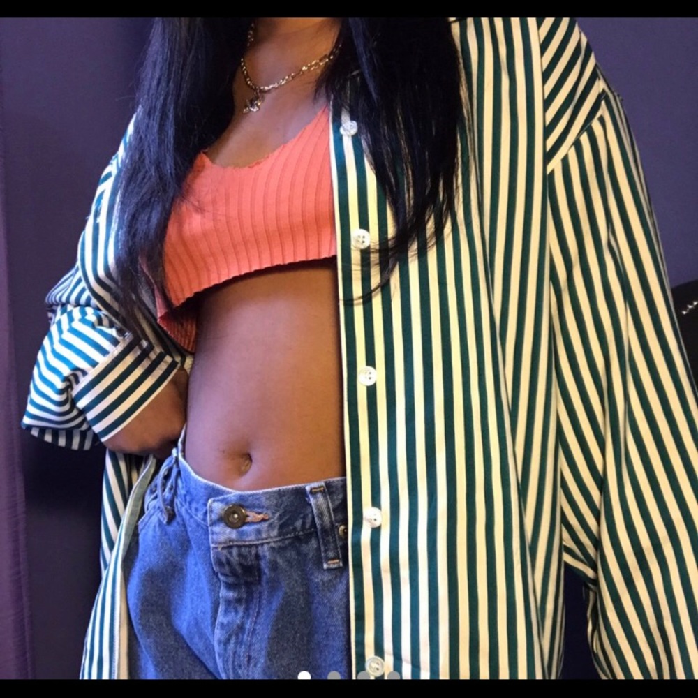 THRIFTED GREEN STRIPPED COLLARED BUTTON UP